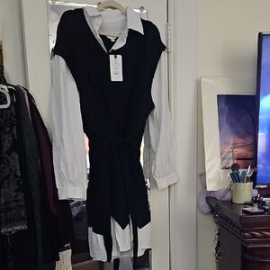 Time & Tru Twofer Black and White Layered Dress with Belt 2XL
